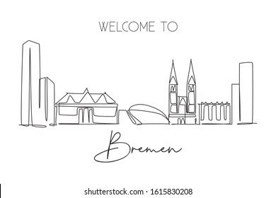 One continuous line drawing Bremen city skyline, Germany. Beautiful skyscraper. World landscape tourism travel vacation wall decor poster concept. Stylish single line draw design vector illustration