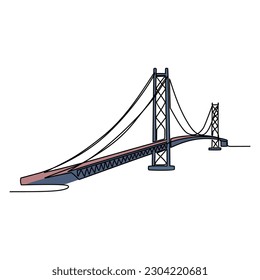One continuous line drawing of bridge design illustration. Bridge architecht in simple linear style. Construction design concept. Vector illustration