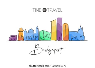 One continuous line drawing Bridgeport city skyline, Connecticut. Beautiful landmark. World landscape tourism travel home wall decor poster print. Stylish single line draw design vector illustration
