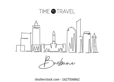 One continuous line drawing of Brisbane city skyline, Australia. Beautiful landmark. World landscape tourism travel vacation poster. Editable stylish stroke single line draw design vector illustration