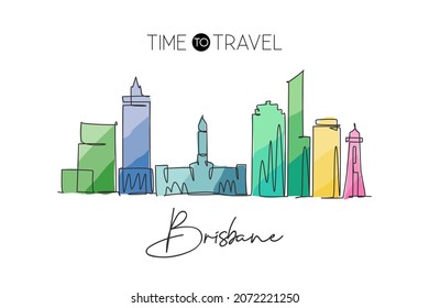 One continuous line drawing of Brisbane city skyline, Australia. Beautiful landmark. World landscape tourism travel vacation poster. Editable stylish stroke single line draw design vector illustration