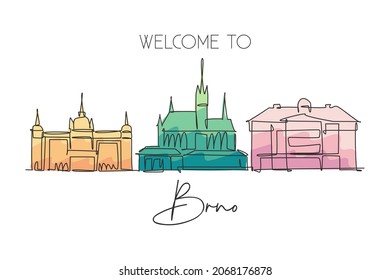 One continuous line drawing of Brno city skyline, Czech Republic. Beautiful landmark. World landscape tourism travel home wall decor poster print. Stylish single line draw design vector illustration