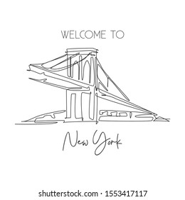 One Continuous Line Drawing Brooklyn Bridge Landmark. World Beauty Iconic Place In New York, USA. Home Wall Decor Art Poster Print Concept. Modern Single Line Draw Design Vector Graphic Illustration