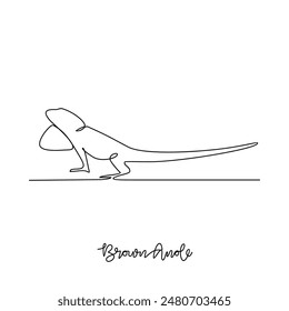 One continuous line drawing of brown anole vector illustration. Type of Lizard animal themes design concept with simple linear style. Lizards are reptiles with scaly skin, four legs, and a tail.