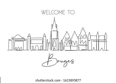 One continuous line drawing of Bruges city skyline, Belgium. Beautiful city skyscraper postcard. World landscape tourism travel wall decor poster. Stylish single line draw design vector illustration