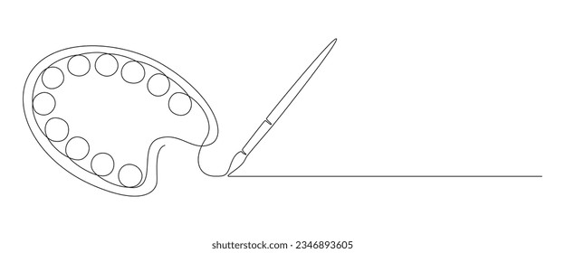 One continuous line drawing of brush and painting palette. Paintbrush symbol for creative and art school in simple linear style for logo and card. Editable stroke. Vector illustration