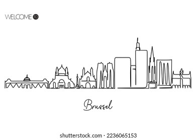 one continuous line drawing of Brussel skyline. World Famous tourism destination. Simple hand drawn style design for travel and tourism promotion campaign