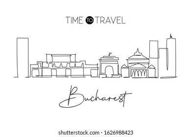 One continuous line drawing of Bucharest city skyline, Romania. Beautiful landmark. World landscape tourism and travel vacation. Editable stylish stroke art single line draw design vector illustration