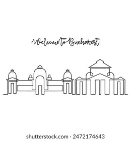 One continuous line drawing of Bucharest skyline vector illustration. Modern city in Europe in simple linear style vector design concept. One big city in Romania. Iconic architectural building design.