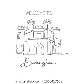 One continuous line drawing Buckingham Old Gaol landmark. Old palace in Buckingham, England. Holiday vacation home wall decor poster print concept. Modern single line draw design vector illustration