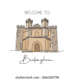 One continuous line drawing Buckingham Old Gaol landmark. Old palace in Buckingham, England. Holiday vacation home wall decor poster print concept. Modern single line draw design vector illustration