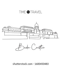 One continuous line drawing Buda Castle landmark. Historical royal palace in Budapest, Hungary. Travel vacation home wall decor poster print concept. Modern single line draw design vector illustration