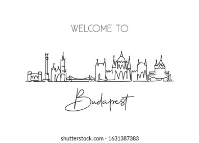 One continuous line drawing of Budapest city skyline, Hungary. Beautiful landmark postcard. World landscape tourism travel vacation. Editable stylish stroke single line draw design vector illustration