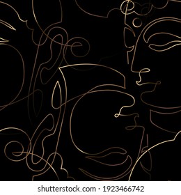 One continuous line drawing Buddha. The symbol of Hinduism, Buddhism, spirituality and enlightenment. Seamless background for yoga, illustration, printing on fabric