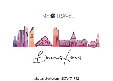 One continuous line drawing of Buenos Aires city skyline Argentina. Beautiful landmark. World landscape tourism and travel vacation. Editable stylish stroke single line draw design vector illustration