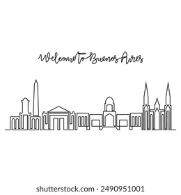 One continuous line drawing of Buenos Aires skyline vector illustration. Modern city in South America in simple linear style vector design concept. Big city in Argentina. Iconic architectural