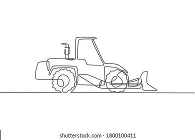 One continuous line drawing of bulldozer for paving and digging the road, commercial vehicle. Heavy construction trucks equipment concept. Dynamic single line draw design graphic vector illustration