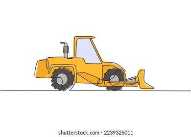 One continuous line drawing of bulldozer for paving and digging the road, commercial vehicle. Heavy construction trucks equipment concept. Dynamic single line draw design graphic vector illustration