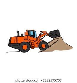 Un plano continuo de línea de bulldozer en el proyecto del sitio . Concepto del proyecto de construcción con un estilo lineal simple. Concepto de diseño de vectores del proyecto de construcción.
