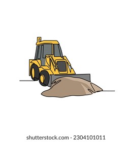 One continuous line drawing of bulldozer in the site project . Construction Project design concept with simple linear style. Construction Project vector design illustration concept.