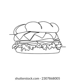Un dibujo continuo de una hamburguesa. Ilustración alimentaria en un estilo lineal simple. Ilustración vectorial del concepto de diseño de alimentos