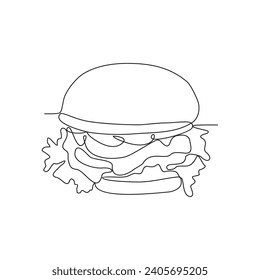 One continuous line drawing of burger on the table in the restaurant vector illustration. Vector design with Minimalist black linear concept. Food themes design for your business asset design.