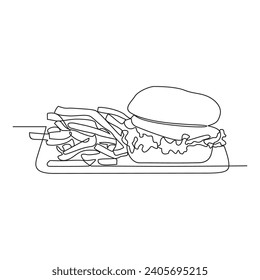 Un plano de línea continua de la hamburguesa sobre la mesa en la ilustración vectorial del restaurante. Diseño vectorial con concepto lineal negro minimalista. Diseño de temas de comida para el diseño de activos de su empresa.