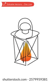 One continuous line drawing of a burning hanging lantern. Vector illustration of an easy one line hanging lantern drawing. Antique hanging lantern lights up Ramadan Kareem night ornament.