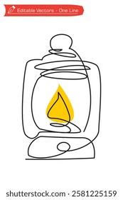 One continuous line drawing of a burning oil lantern. Vector illustration of a picture of a burning oil lantern in the night of Ramadan. Ramadan Kareem celebration.