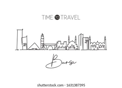 One continuous line drawing of Bursa city skyline, Turkey. Beautiful landmark postcard. World landscape tourism and travel vacation. Editable stylish stroke single line draw design vector illustration