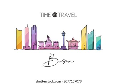 One continuous line drawing Busan city skyline, South Korea. Beautiful landmark postcard. World landscape tourism travel vacation. Editable stylish stroke single line draw design vector illustration