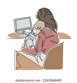 One continuous line drawing of a business woman holding her daughter while working on a laptop in front of her. Work from home in simple linear style. Work from home design concept. Vector illustratio
