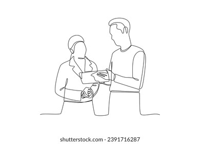 One continuous line drawing of Business people shaking hands. Agreement, trust, cooperation concept. Doodle vector illustration in simple linear style.