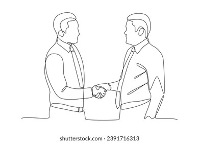One continuous line drawing of Business people shaking hands. Agreement, trust, cooperation concept. Doodle vector illustration in simple linear style.