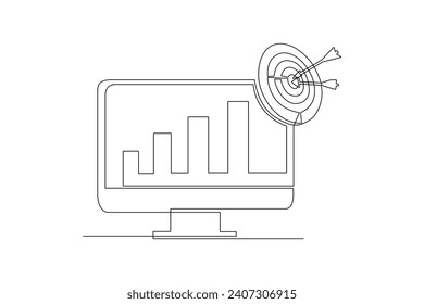 Un plano de línea continua del análisis de rendimiento empresarial, concepto de auditoría de métricas de referencia. Ilustración del vector Doodle en un estilo lineal simple.