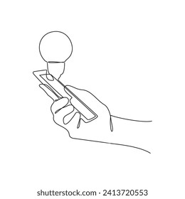 One continuous line drawing of business idea design concept. Cause of device is happen idea with lamp symbol illustration in simple linear style. Business design concept vector illustration for asset.