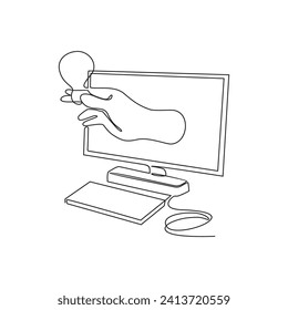 One continuous line drawing of business idea design concept. Cause of device is happen idea with lamp symbol illustration in simple linear style. Business design concept vector illustration for asset.
