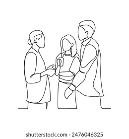 One continuous line drawing of Business people are discussing and presenting their business in front of their clients. Business people activity in simple continuous line style concept design vector.