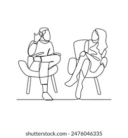 One continuous line drawing of Business people are discussing and presenting their business in front of their clients. Business people activity in simple continuous line style concept design vector.