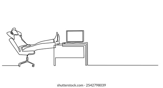one continuous line drawing of business man putting feet on work desk.one line drawing of business man relaxing.portrait of business office,work desk set.single line vector illustration