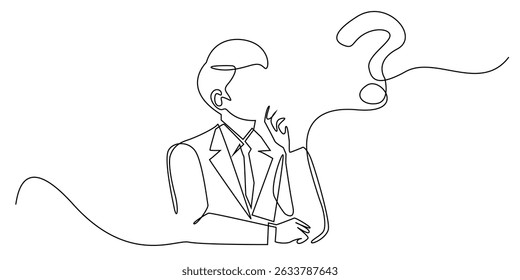 one continuous line drawing of a business man in a suit thinking, looking for ideas, looking for innovation, increasing company turnover.