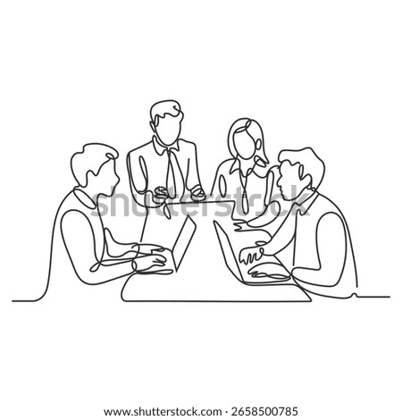 One continuous line drawing of Business people are discussing and presenting their business in front of their clients. Business people activity in simple continuous line style concept design vector.