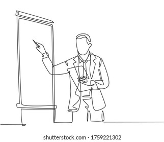 One continuous line drawing of businessman presenter drawing graph chart on screen board while on meeting. Business presentation at the office concept single line draw design vector illustration