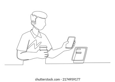 One continuous line drawing of businessman holds drink and pays with smartphone in store. Shopping Mall concept. Single line draw design vector graphic illustration.
