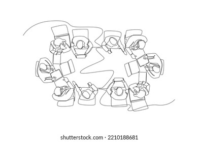 One continuous line drawing of businessman team brainstorming or meeting at table from top view. Coworking concept. Single line draw design vector graphic illustration.