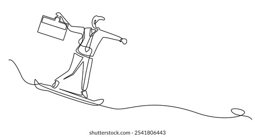 Un dibujo de línea continua de patinaje de hombre de negocios con patinaje sobre hielo board.one dibujo de línea de hombre de negocios en traje y maletín manteniendo el equilibrio. Ilustración vectorial de línea única