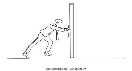 one continuous line drawing of businessman pushing the door.one line drawing of business man in suit getting job challenge.single line vector illustration.isolated white background