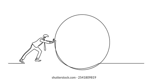 one continuous line drawing of businessman pushing big ball.one line drawing of business man in suit getting job challenge.single line vector illustration.isolated white background