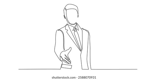 one continuous line drawing of businessman giving hand.one line vector illustration of man in suit giving congratulations,inviting to join,business cooperation.
