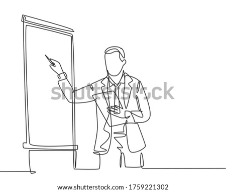 One continuous line drawing of businessman presenter drawing graph chart on screen board while on meeting. Business presentation at the office concept single line draw design vector illustration